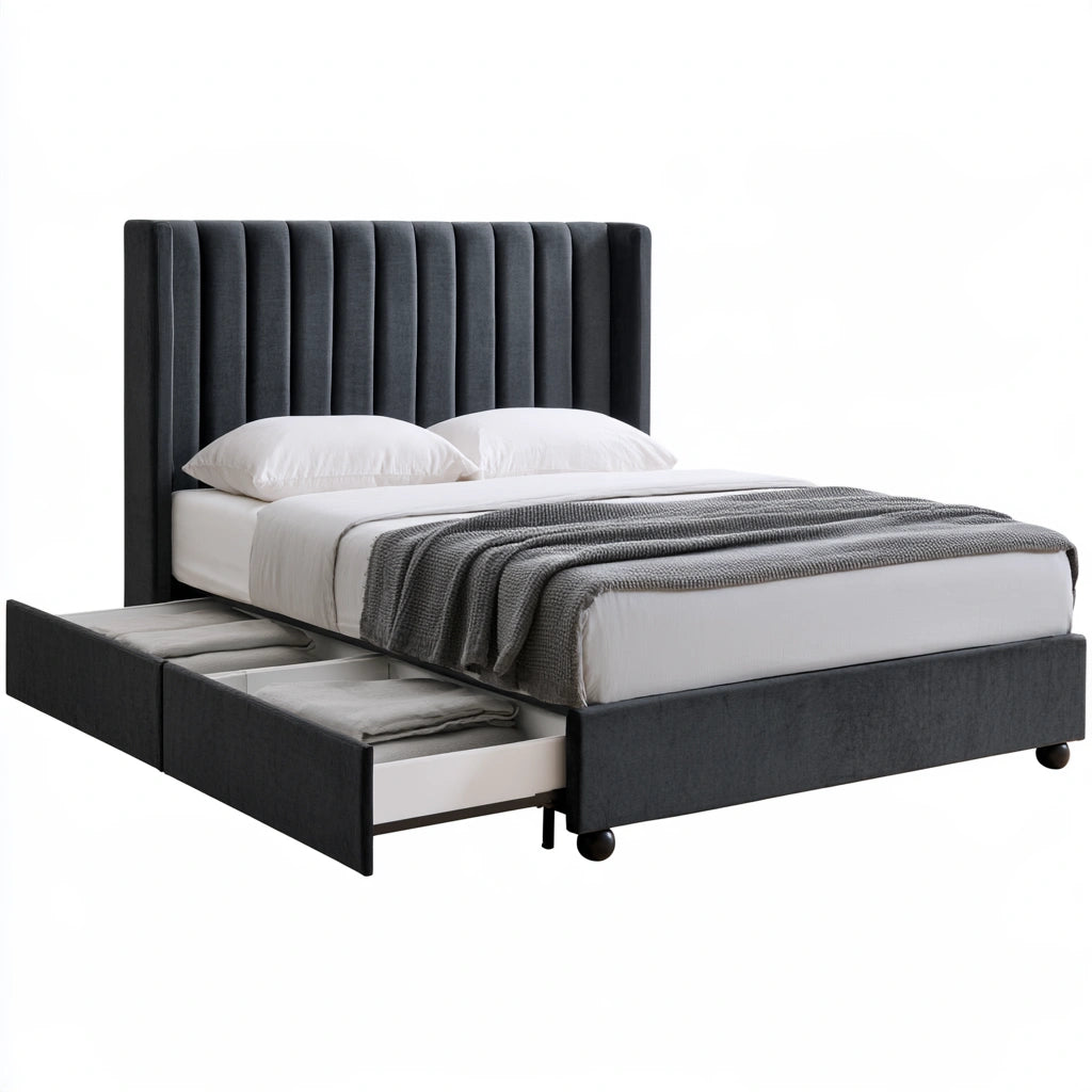 Letto a piattaforma in velluto, colore grigio scuro