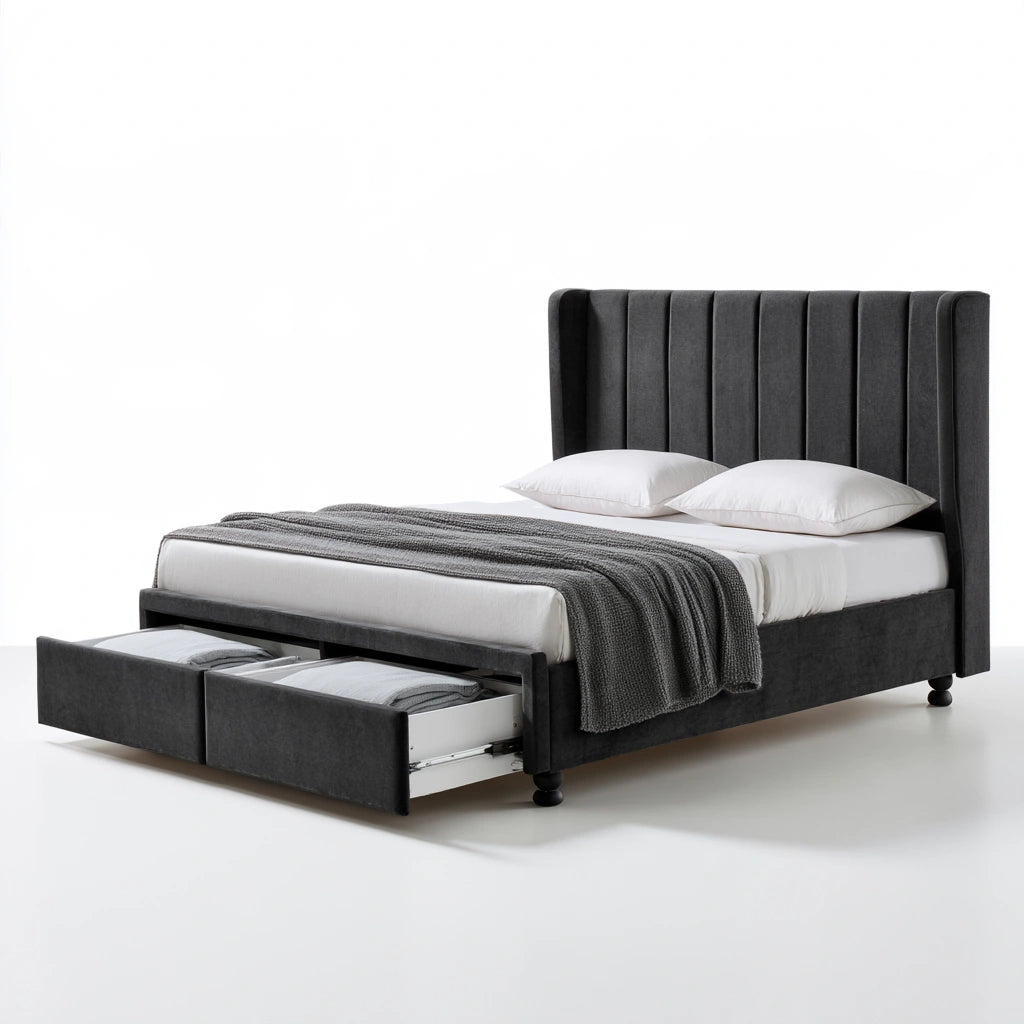 Letto a piattaforma in velluto, colore grigio scuro
